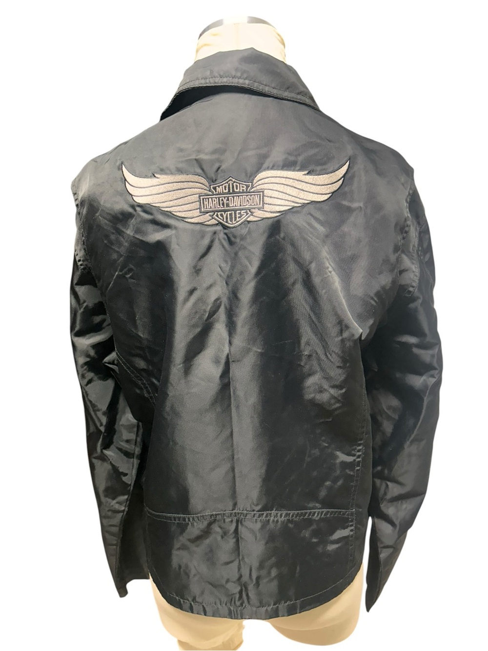 Harley Davidson Jacket Womens Medium Black Nylon Motorcycle Full Zip Embroidered